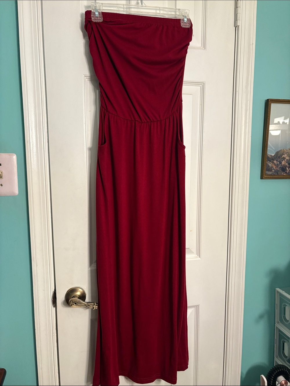 Strapless Burgundy Maxi Dress with Pockets
